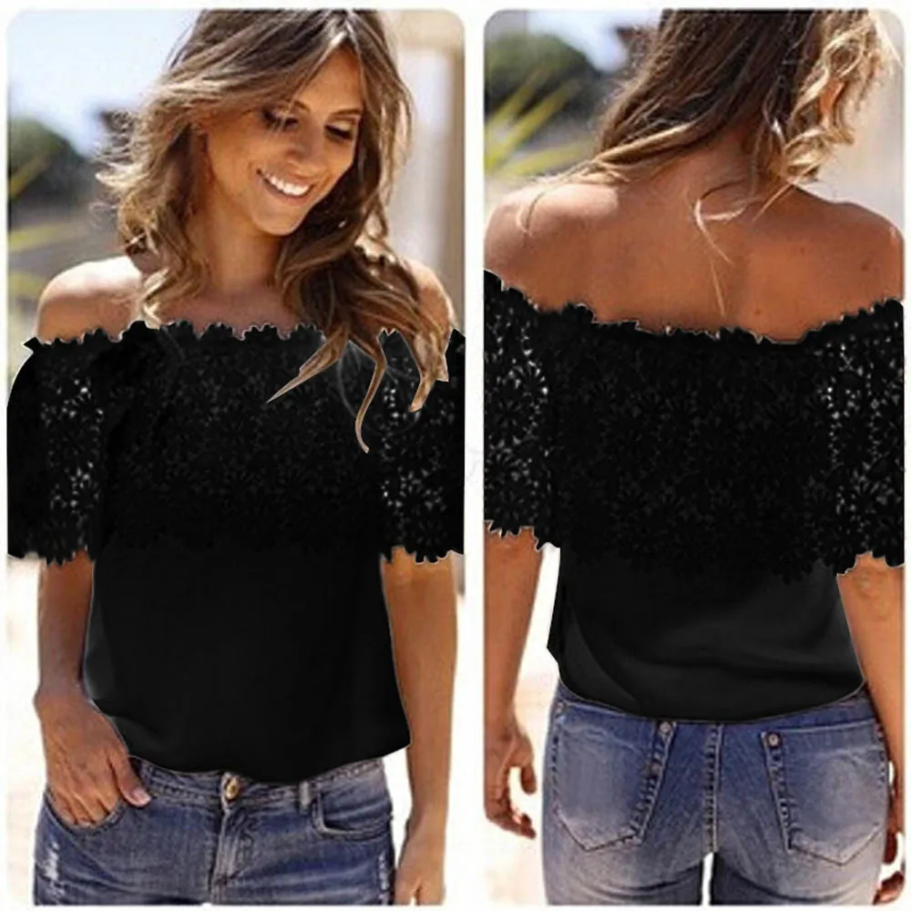 

Summer Style White Chiffon Elegant Shirt Sexy Women Chiffon Shirt Blouse 2017 Off Shoulder Casual Tops Blouse Lace Crochet #25