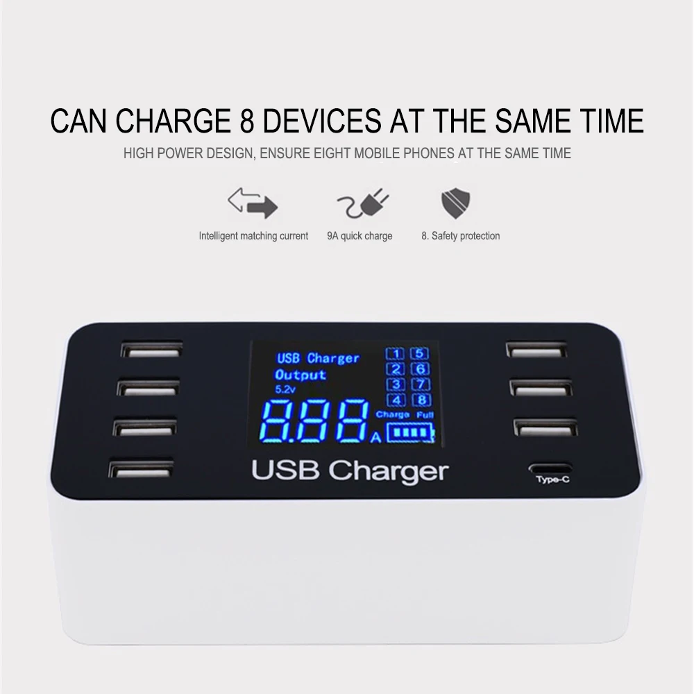 Smart 7 Port USB Type C Charger with LCD Display 5V/8A Multi Ports for Mobile Phone Tablets PC EU/US/UK Plug | Мобильные телефоны и