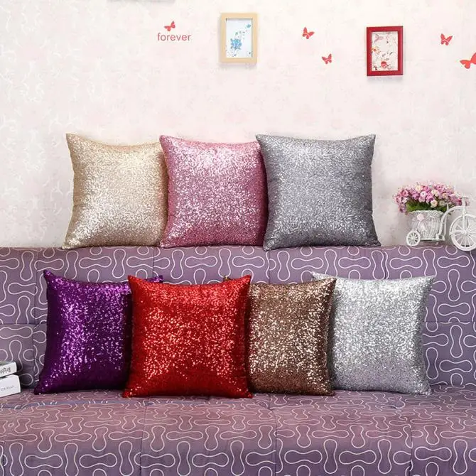 

Hot Comfortable Soft Home Hotel Basic Pillows Solid Color Glitter Sequins Throw Pillow Case Cafe Home Pillow Covers Square House