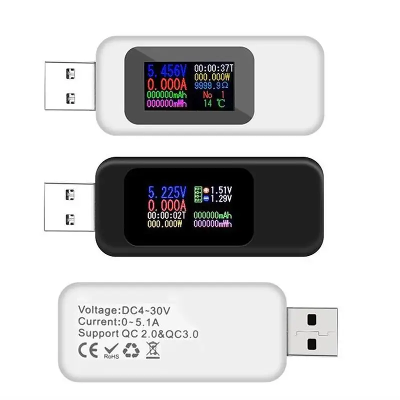 

10 in 1 Colorful LCD Display USB Tester Current 4-30V Voltage Meter Timing Ammeter Digital Monitor Cut-off Power Indicator