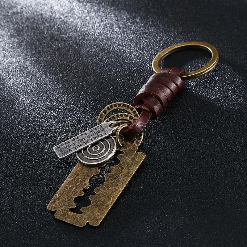 

Men's Leather Keychain Razor Blade Pendant Trinket Men Punk Motorcycle Auto Car Keys Ring Chain Holder Cover Metal Accessories