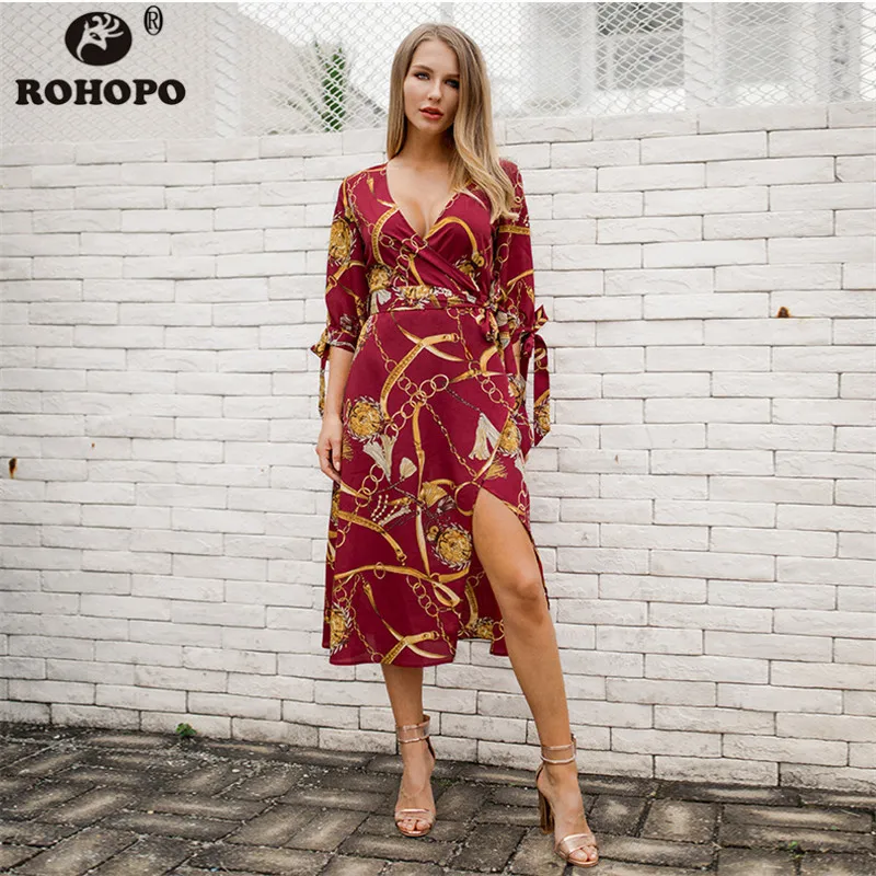 

V-neck Three Quarter Sleeve Summer Women Cardigan Dress Floral Sashes Bohemian Mid Length Russian France Women Dress #C3098