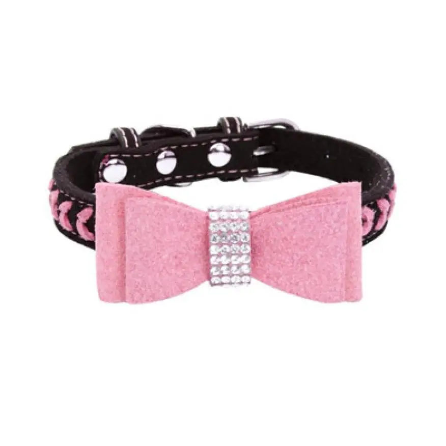 Pink Собачий Ошейник Домашние животные кожа горный хрусталь Изысканный регулируемый, с быстрым сбросом бант Алмазная собака ошейники для щенков кулон поводки - Цвет: Pink