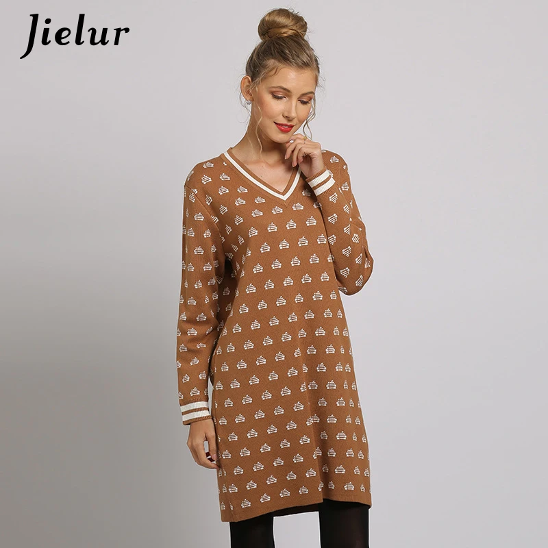 

Jielur V-Neck Sweater Women Dress Embroidered Robe Femme Harajuku 4 Colors 2019 Autumn Winter Long Sleeve Dress Sukienki Mujer