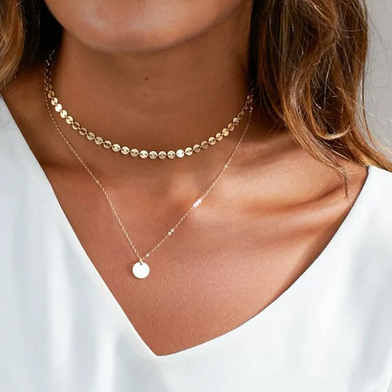 

2019 Summer Simple Gold Coin Layered Choker Necklace for Women Multi Layer Chocker Necklaces Collar