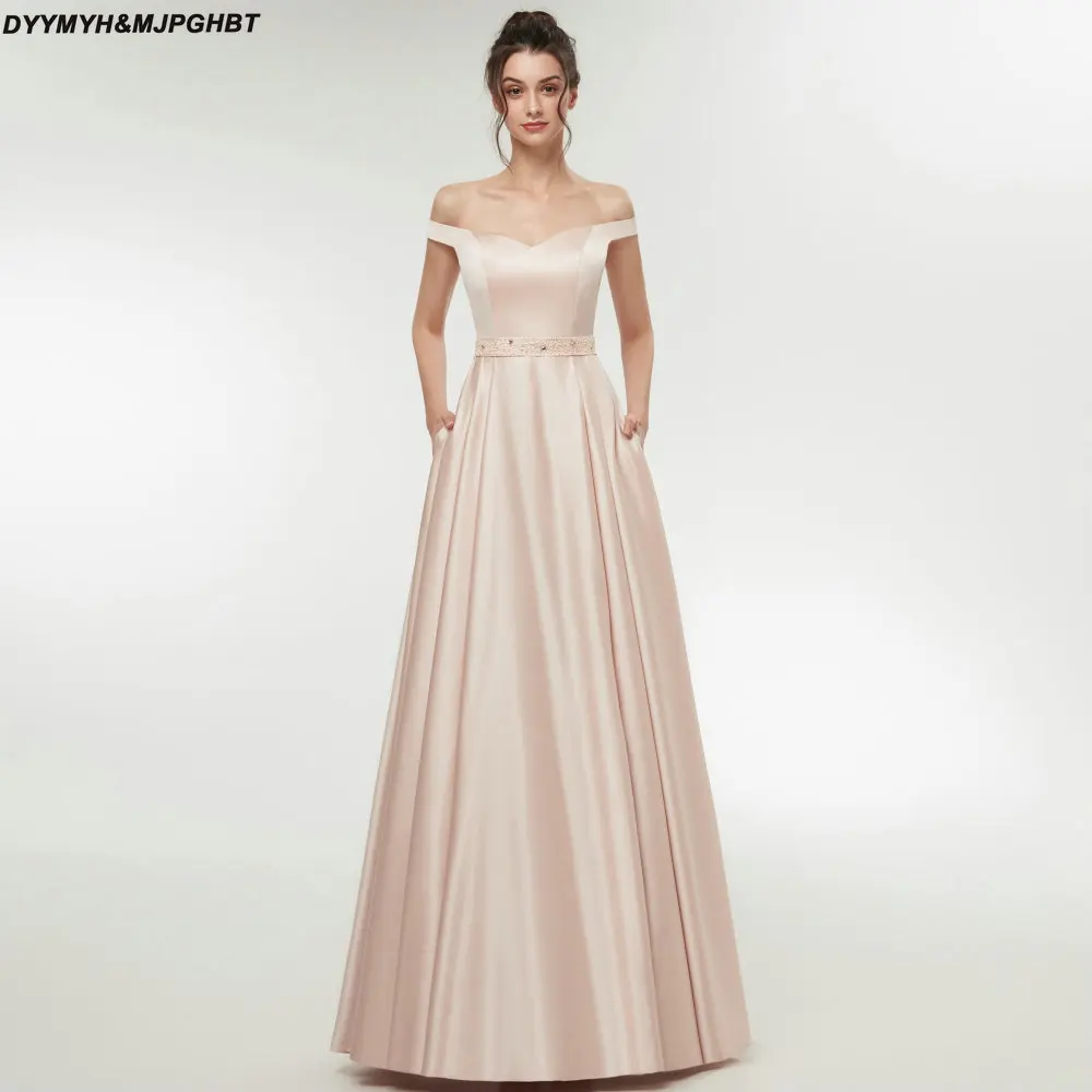 Us 6599 Garis Leher V Satin Prom Gaun Dengan Saku Off Tali Bahu Panjang Prom Gaun Pesta Vestidos In Prom Dresses From Pernikahan Acara On