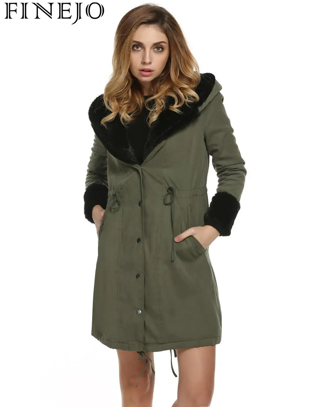 FINEJO Long Overcoat Stylish Jacket Warm Winter Winter Fur Coat Coats Hooded Outerwear Faux Parka Women Thick