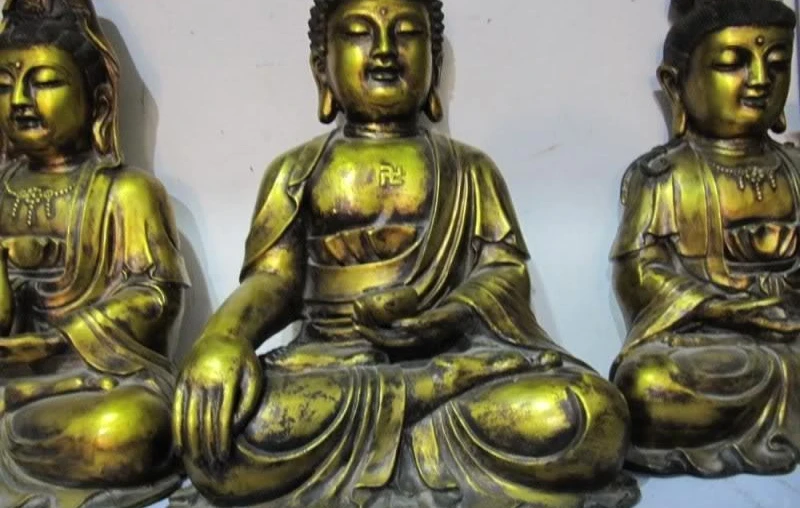 

Tibet Buddhism Bronze Gild Three Saints of the West Kwan-Yin Buddha Statue Set