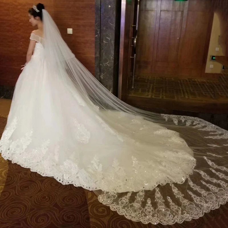 2019 Luxury Real Image Wedding Veils 3.8-5 Meter Long Lace Applique Crystals Cathedral Length White Bridal Veil High Quality