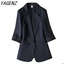 Модный женский костюм в полоску, приталенный пиджак с рукавом в семь точек, одежда с застежкой, большой размер, офисный Женский блейзер, повседневные топы 7XL