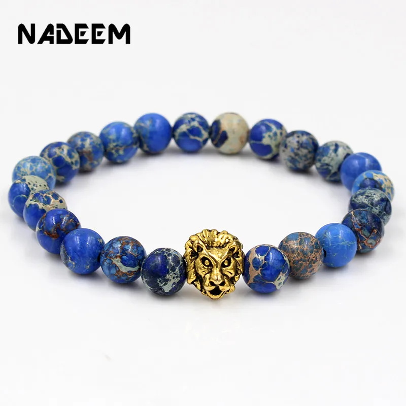 

New Wholesale Antique Buddha Leo Lion Head Charm Bracelet Blue Regalite Stone Beaded Bracelets For Men Women Pulseras Hombre