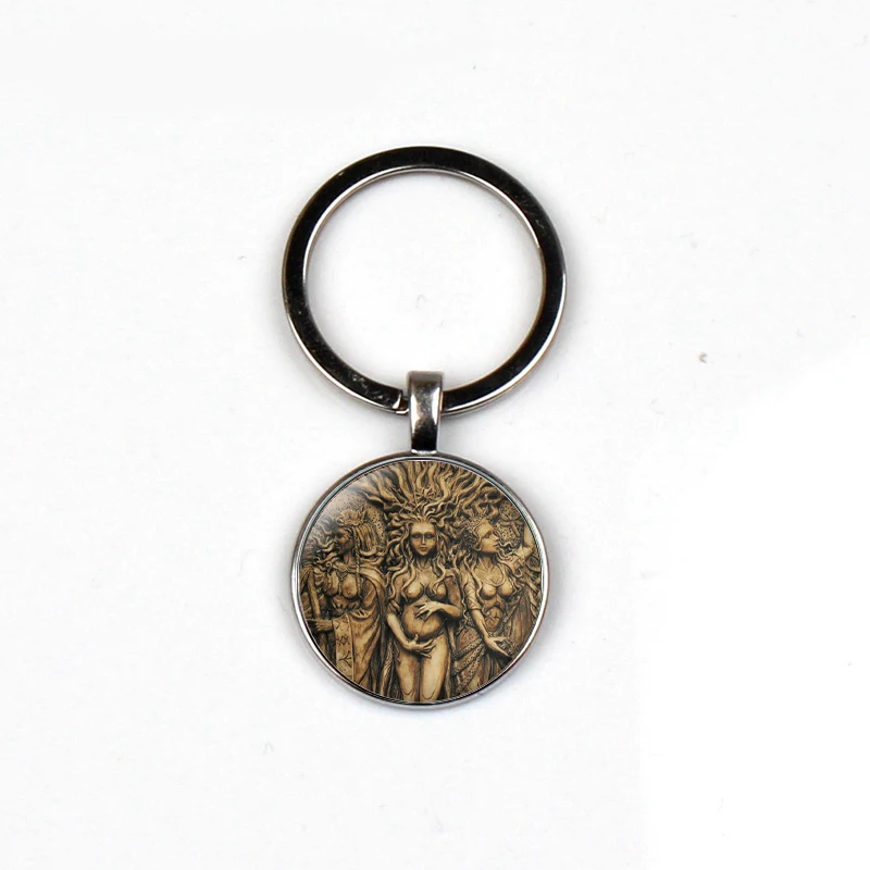 Vintage Statue Pattern Keychain Triple Moon Goddess Pendant Life treePentagram Magic Amulet Glass Jewelry Keyring man woman Gift | Украшения