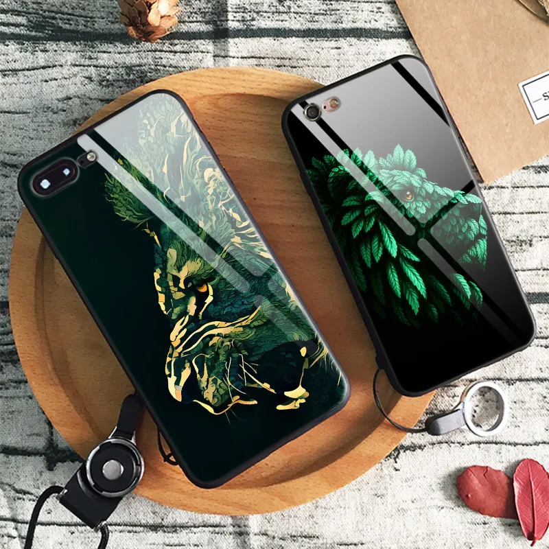 

Lion Portrait Green leaf Abstract Tempered Glass Soft Silicone Phone Case Shell Cover For Apple iPhone 6 6s 7 8 Plus X XR XS MAX