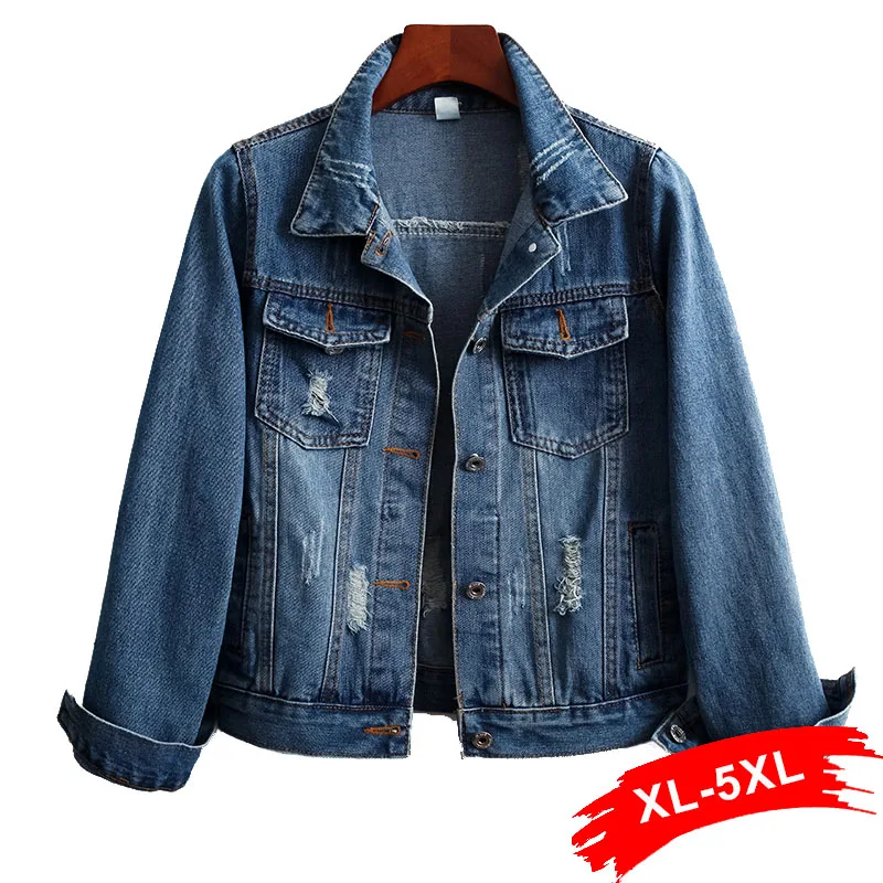 

Women Plus Size Ripped Vintage Casual Basical Blue Denim Jacket 4XL 5XL Streetwear Single Breast Slim Women Denim Coat