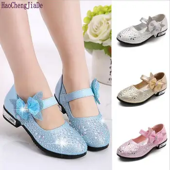 

2018 New Summer Girls Princess Bling Party Shoes Bow Hot Diamond Children High-heeled Dance shoes Shiny Wedding Shoes Size 26-36