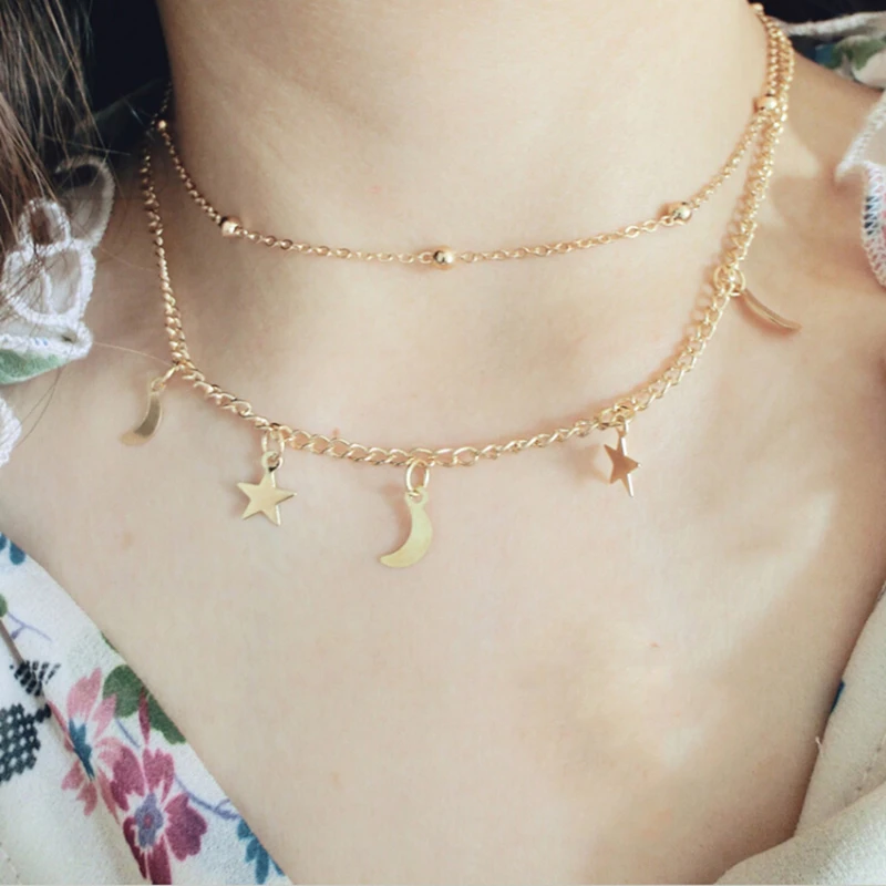 

Hot Sales Korean Styling Simple Gold Silver Clavicle Necklace Trendy Women Star Moon Neck Chain New Design Jewelry Accessories