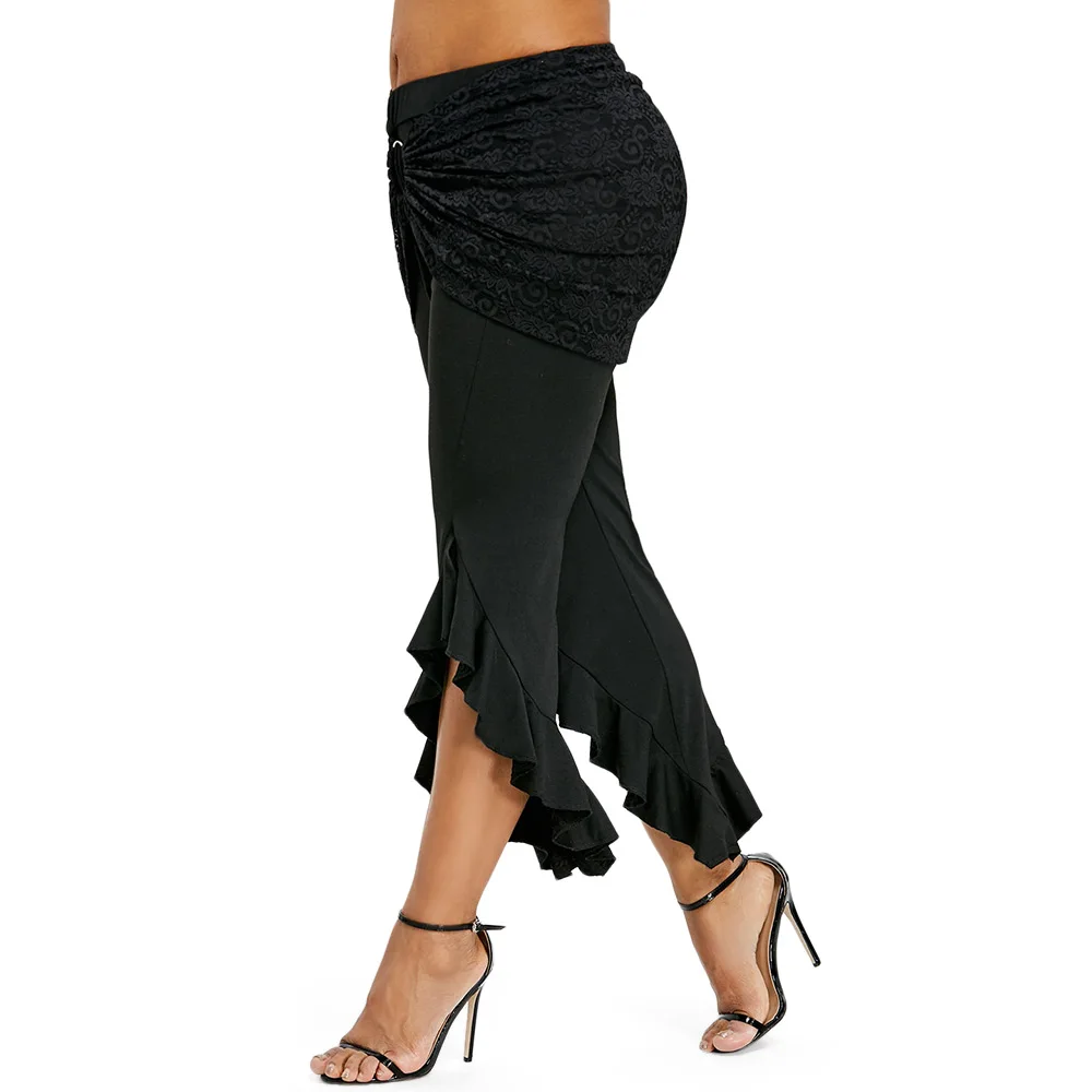 LANGSTAR Women Plus Size Leggings Ruffle Removable Lace Skirt Leggings