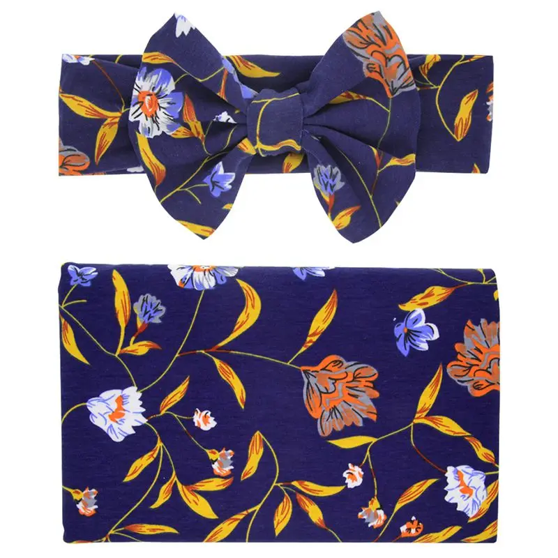 Newborn Receiving Blanket Headband Set Flower Print Baby Swaddle Receiving Blankets blue