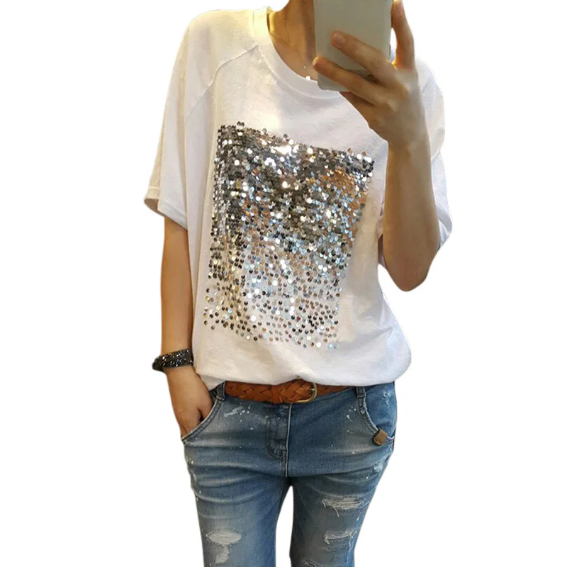 

Women Sequined T-Shirt Chic Silver Glitter Short Sleeve Solid O-neck Bling T-Shirt 2019 Spring Korean White Black Tops Female