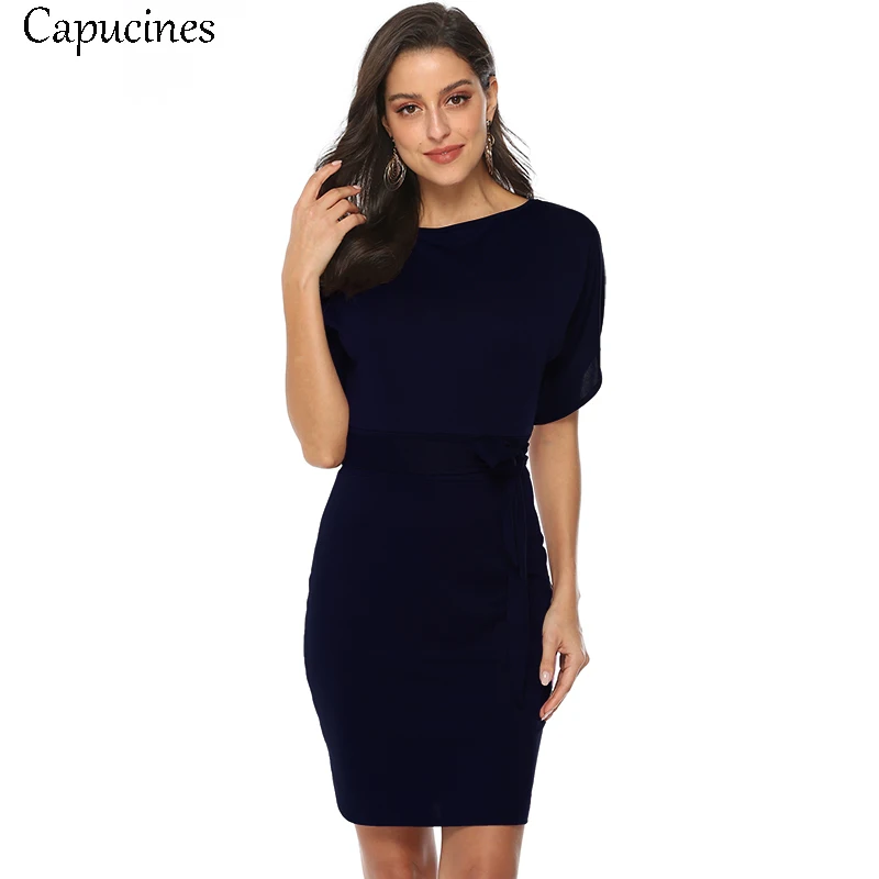 

Capucines Round Neck Short Sleeve Women Spring Summer Dress 2019 Casual Solid Color Knit Split Fork Bat Sleeve Mini Dress