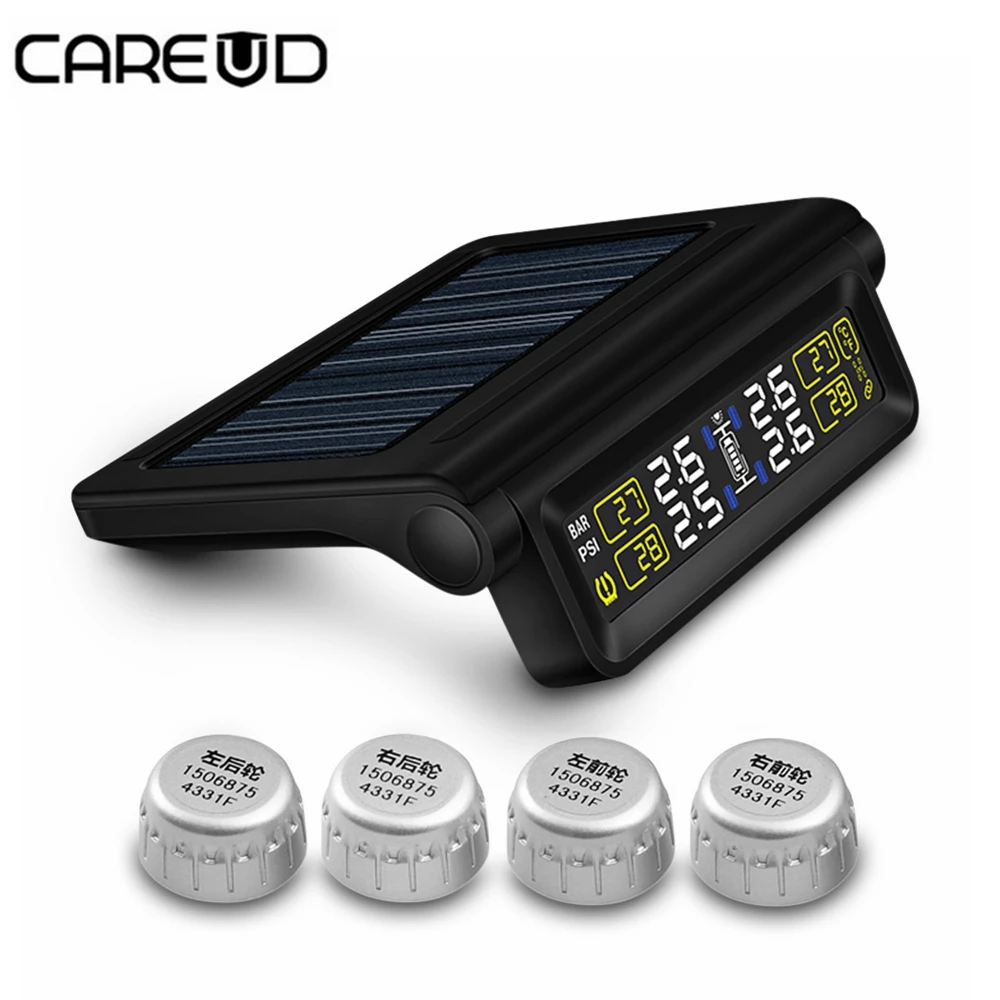 

Car TPMS Solar Panel USB Charging Wireless Tire Pressure Alarm Temperature Monitoring System 4 External Sensors for Honda Toyota