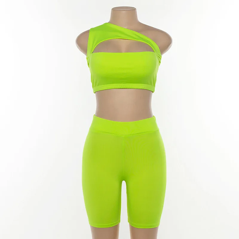 Casual Tracksuits Cut Out Crop Top And Biker Shorts Sets Neon Color og0682