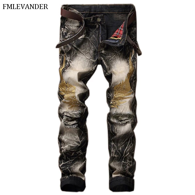 

Fashion Pattern Plus Size 42 Vintage Washed Ripped Biker Denim Jeans Straight Pants Stretch Denim Men Jeans
