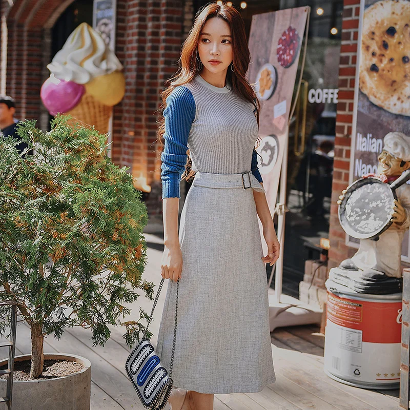 

Dabuwawa Women Winter Grey Elegant A-Line Long Skirts Autumn Mid-Calf High Waist Skirt With Sash for Female Girls D18DSK027