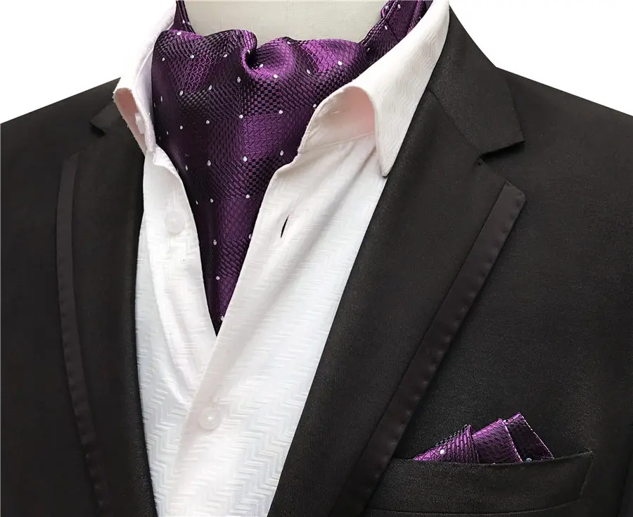 Модные Для мужчин формальные шейный платок Pocket Square Set элегантные фиолетовые Пейсли Ascot комплекты