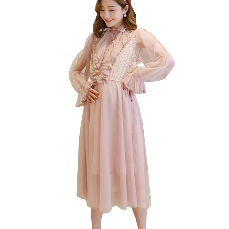 

Spring Mesh Lace Dresses for Pregnant Women Fuffles Beading Korean Fashion Midi Long Dress Pregnancy Cute Elegant Party Clothes