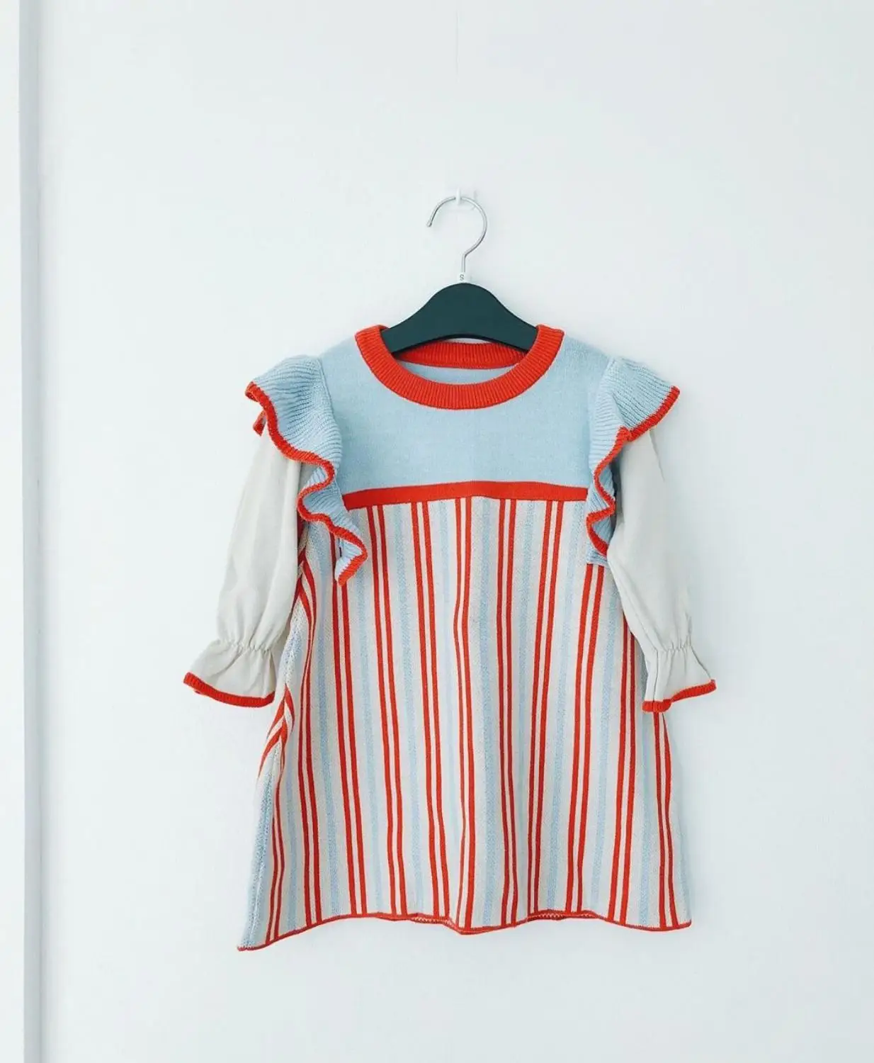 

kids dress knitted striped long sleeve o-neck ruffles girls dresses