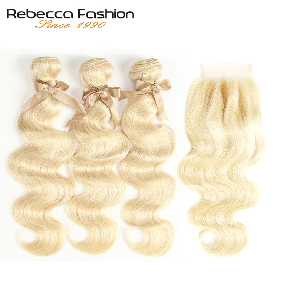 Rebecca 613 Blonde Bundles With Closure Brazilian Body Wave Remy Human Hair Weave Bundles 613 Honey Blonde Bundles With Closure