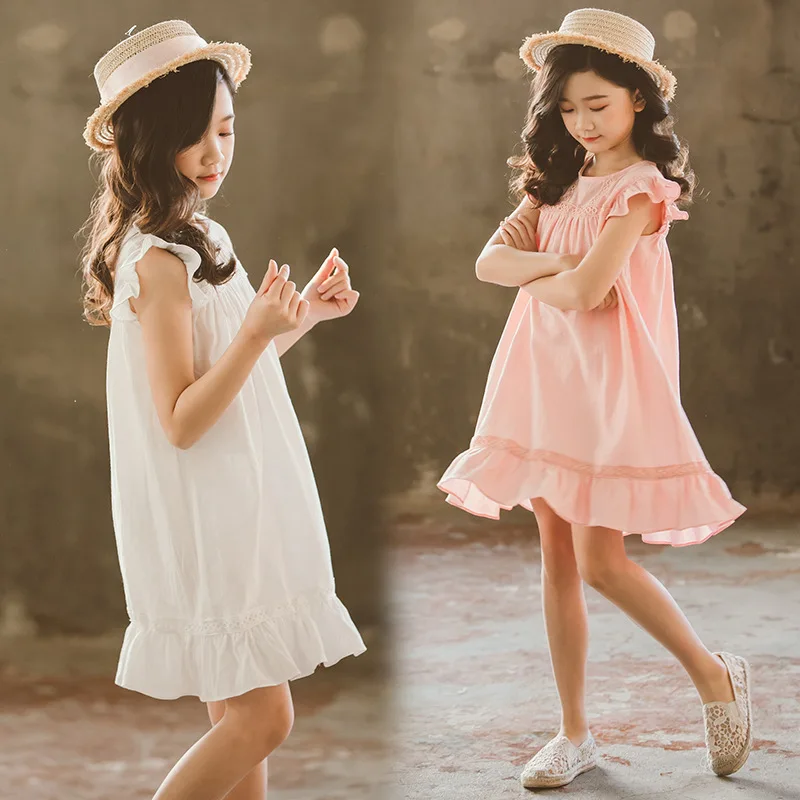 

Big Girls Summer Dress Ruffles Petal Sleeve White Cotton Linen Costume Kids Casual Clothes for Girls 4 10 to 12 14 Years 13C15A