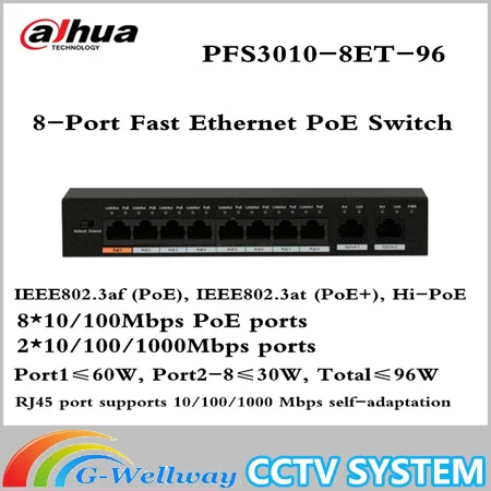 

Original Export version Dahua 8 Port Fast Ethernet PoE Switch 10/100/1000 Mbps PFS3010-8ET-96 Supports MDI/MDIX DC 48-57V