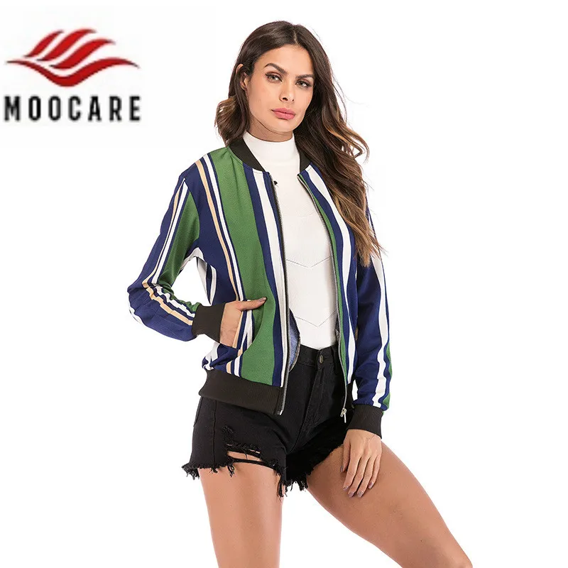 Moocare для женщин короткие куртки в полоску красочные студент Бейсбол Форма с