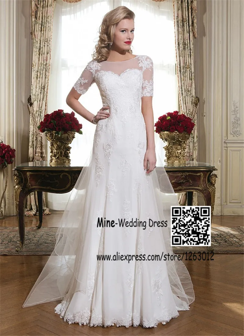 Elegant Bateau Neckline Half Sleeves Wedding Dress Lace