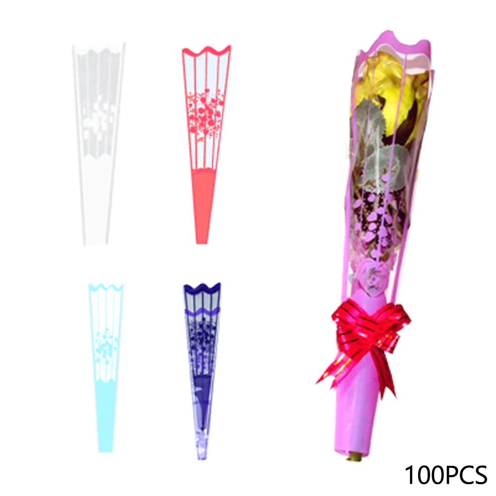 

100Pcs Single Triangle Rose Bouquet Heart Pattern Party Wedding DIY Decorations Valentine's Day Transparent Flower Packaging Bag