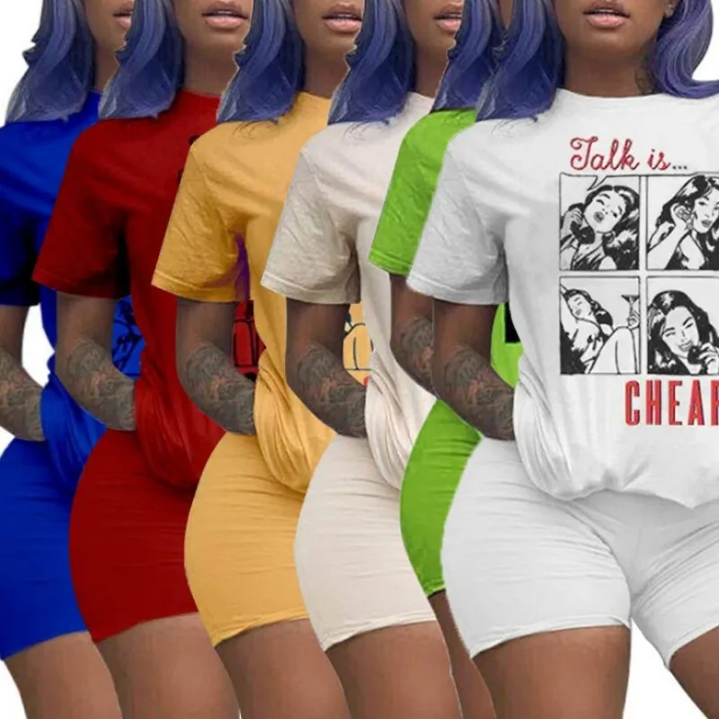 

2019 women new summer character letter print o-neck short sleeve t-shirt & shorts suit two piece set sporting tracksuit GLNW5226