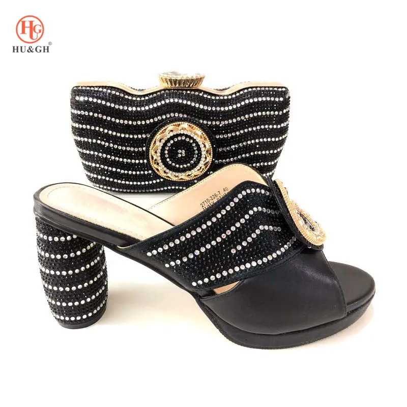 

Italian Special Design African Black Sandals Shoes And Bag Set Luxury Diamond Crystal Women Shoes And Bag Set For Party Wedding