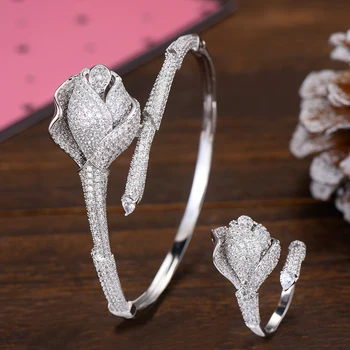 

GODKI Luxury Rose Flower Bangle Ring Set For Women Wedding Cubic Zircon Crystal Engagement DUBAI Bridal Jewelry Set 2019