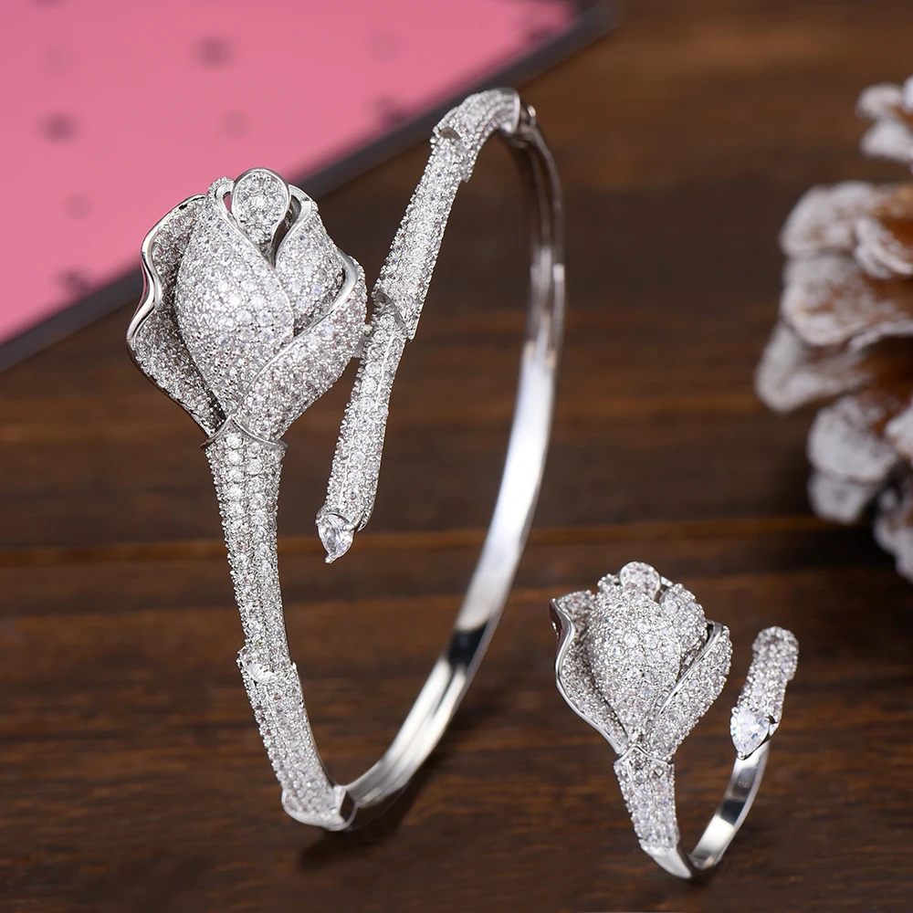 

GODKI Luxury Rose Flower Bangle Ring Set For Women Wedding Cubic Zircon Crystal Engagement DUBAI Silver Bridal Jewelry Set 2019