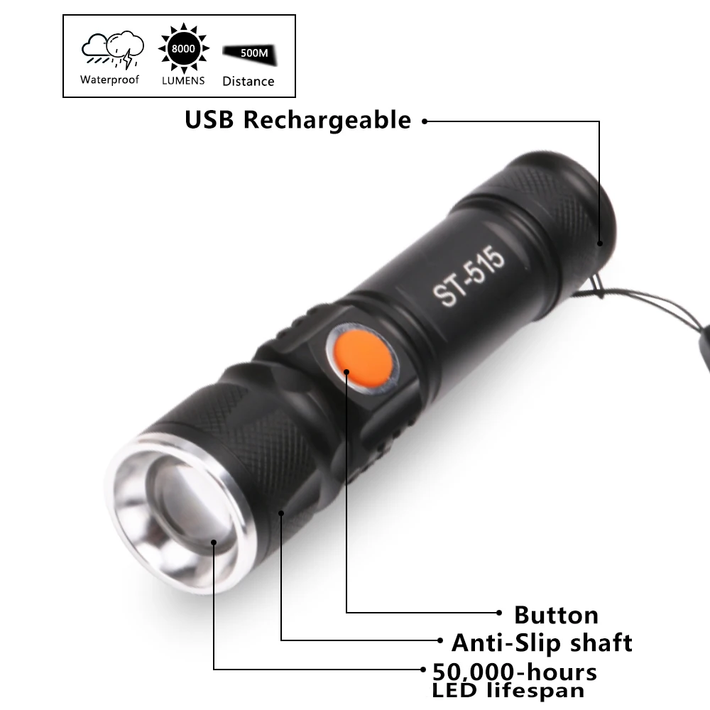 Sale 8000 LUMS USB Inside Battery Rechargeable Bicycle Flashlight -T6 LED Bike Light Zoom Waterproof ultra bright Flash light 1