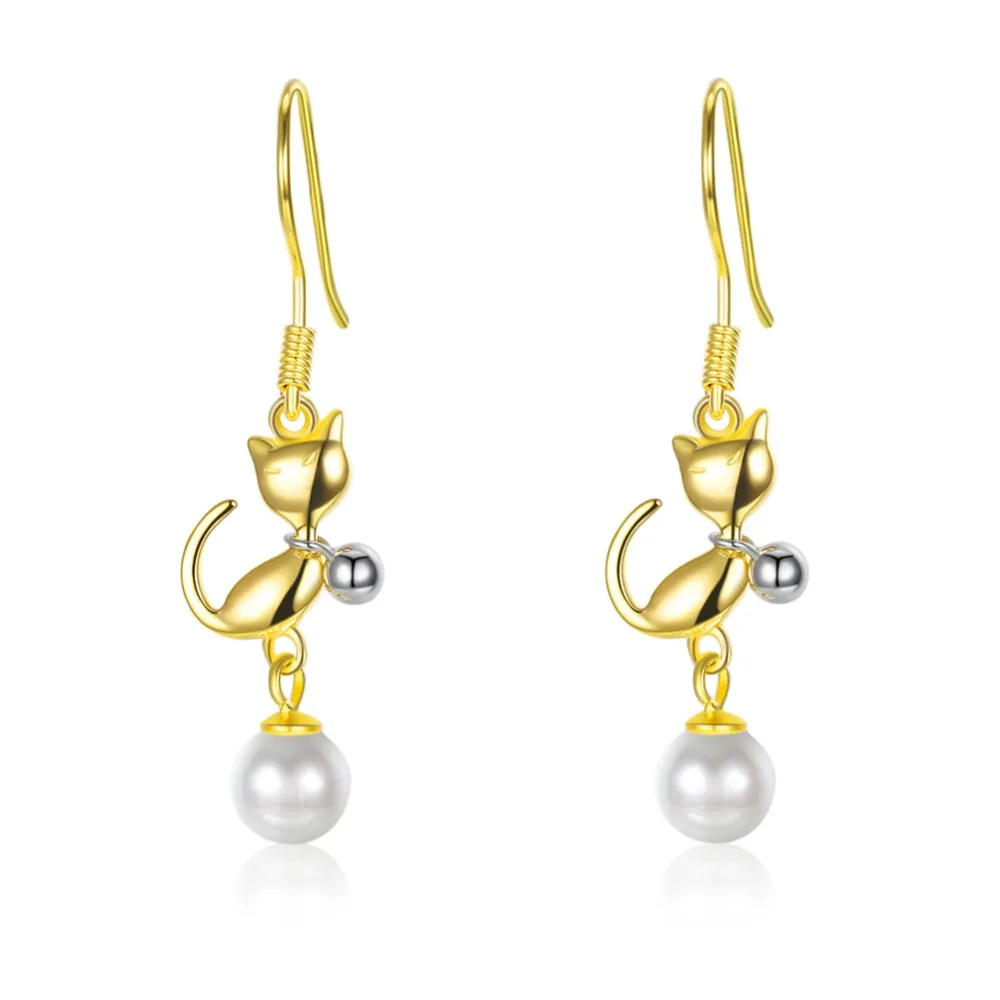 

Exquisite Cute Cat Drop Earrings Real 925 Sterling Silver Yellow Color Pearl Earring For Women From Swarovski Party Fine Jewelry