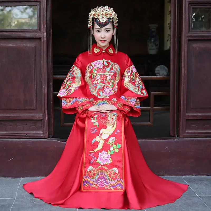 Плюс Размеры 3XL 4XL в традиционном китайском стиле женское Ципао невеста свадебное платье в классическом стиле, вышивка в виде цветов, платья свадебные - Цвет: Красный