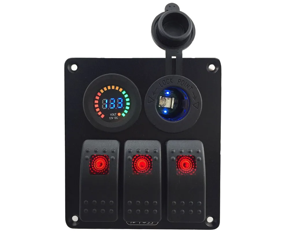 

DC 12V-24V Power Charger Socket +DC 12V voltmeter 3 Gang Red Rocker Switch Panel Waterproof for Marine Boat Car RV Vehicles