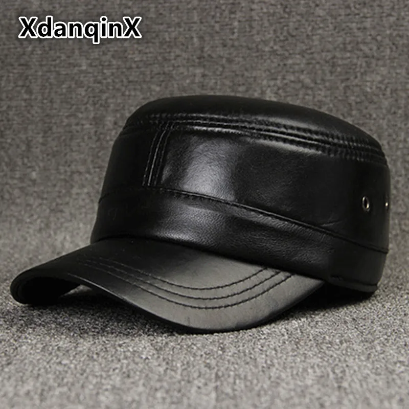 

XdanqinX Adjustable Size Women's Hat Genuine Leather Military Hats Men's Sheepskin Winter Hat Male Bone Snapback Simple Dad Ca