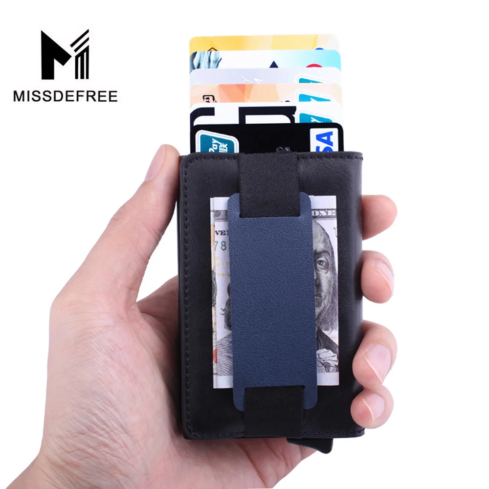 الأعمال ضئيلة محفظة مع مرونة الجيب الخلفي بو الجلود حامل بطاقات ألومنيوم RFID التلقائي المنبثقة ID بطاقة الائتمان محفظة نسائية للعملات المعدني...