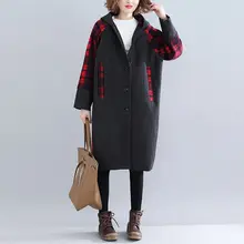 Модное зимнее шерстяное пальто, клетчатая Лоскутная Женская куртка большого размера, повседневная утепленная ветровка с капюшоном, Длинная Верхняя одежда f1265