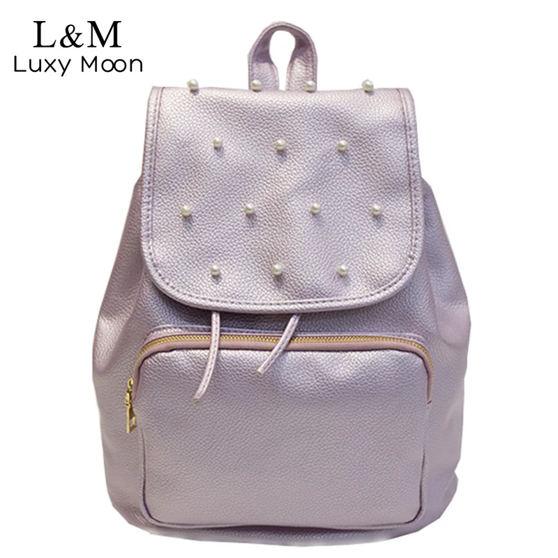 LUXY MOON Women Fresh Backpack Pu Leather School Bag Artificial pearls Bags Teenage Girls 2017 Rucksack