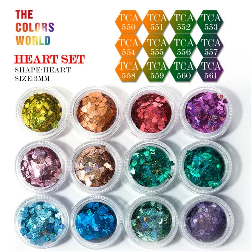 12 Colors 10g each TCT-054 в форме сердца 3 мм Размер 12 звезда сверкающие Лазерные Цвета устойчив к растворителям ногтей блеск набор для украшения ногтей Facepaint - Цвет: 12 Colors 10g each